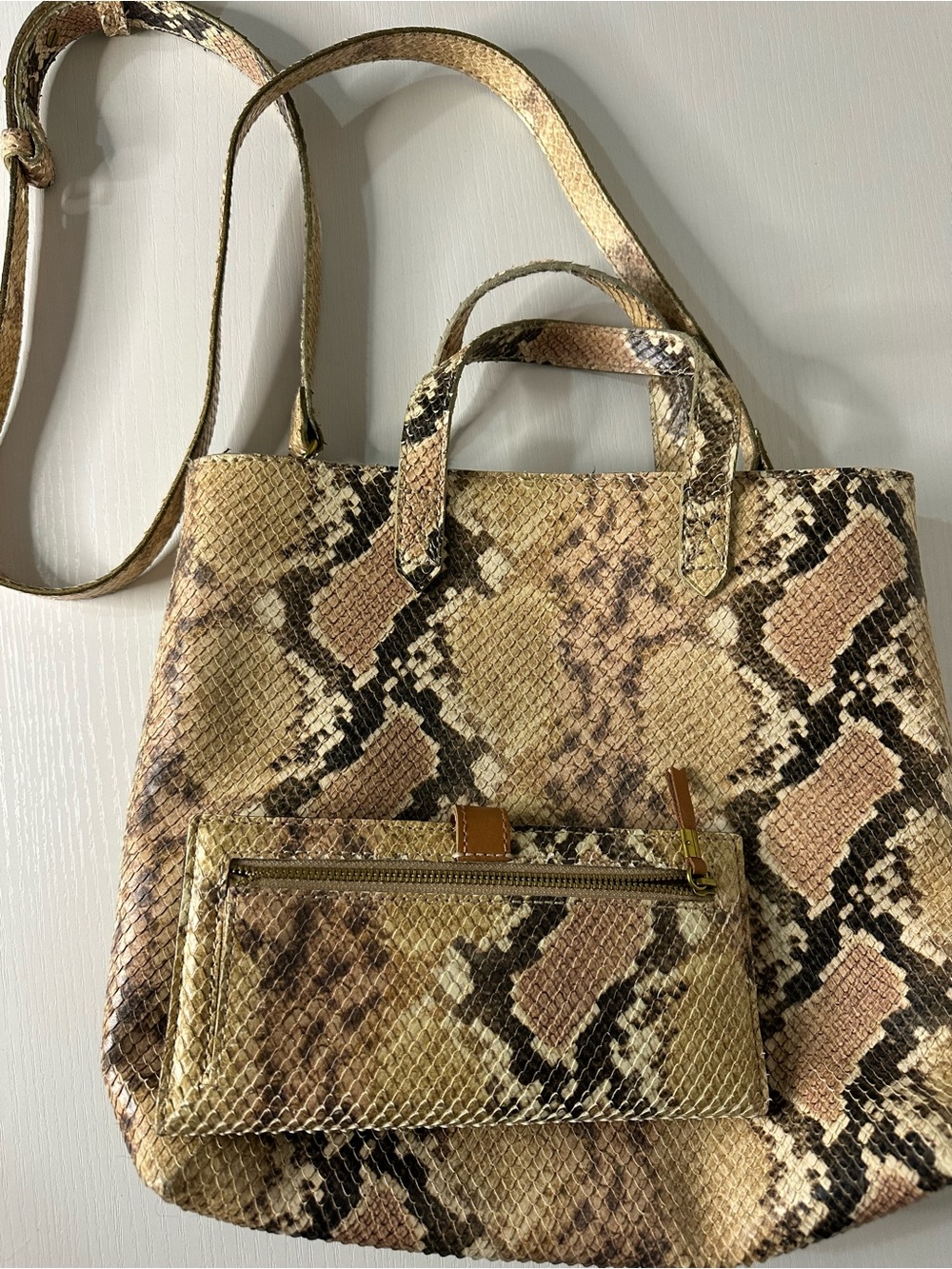 Madewell Snake-Print Tote in Beige and Brown with wristlet wallet